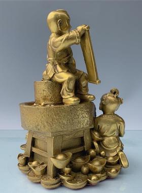 黄铜送财童子摆件运财童子元宝聚宝盆客厅办公室纳福新店开业礼品