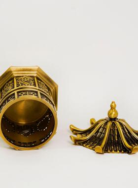 仿古凉亭香炉镂空复古熏香炉家居办公江南烟雨黄铜香炉装饰工艺品