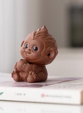 紫砂可爱小猴子茶宠摆件陶瓷禅意可养孙悟空猴子茶玩功夫茶具配件