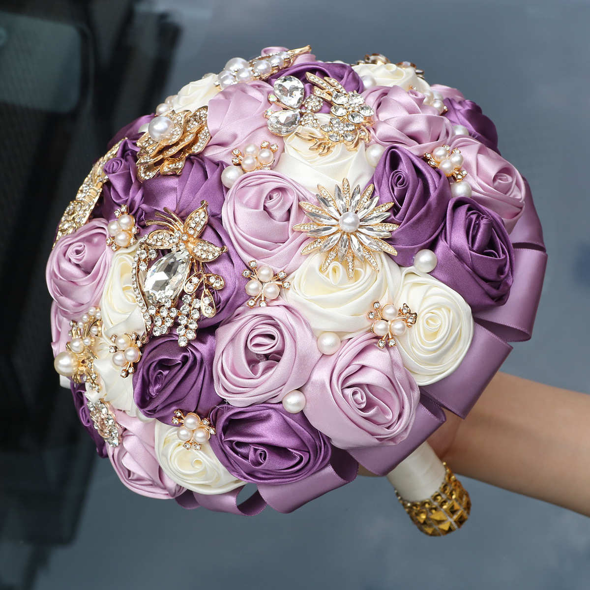 新娘捧花水钻缎带玫瑰卷手捧花婚礼结婚庆用品厂家W913B-1 - 图2