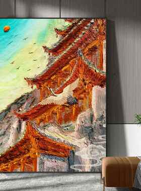 网红中新敦煌仙鹤肌式理画玄关装饰画手绘油画潮国艺术风客景厅挂
