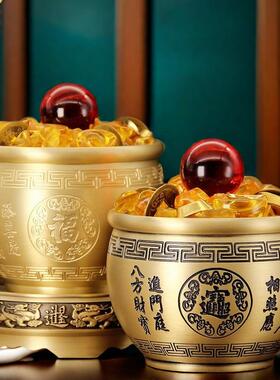 纯黄铜聚宝盆新房客厅摆件八宝米缸香炉金蟾家居办公招财装饰品