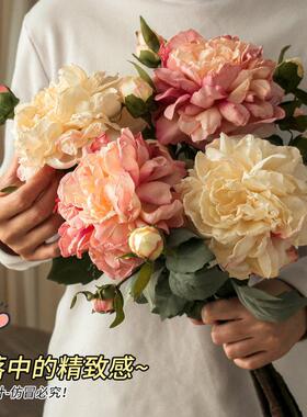 法式焦边牡丹花仿真花束客厅餐桌摆设绢花插花仿干花装饰花艺摆件