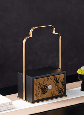 新中式复古手提盒摆件样板间中古茶室茶桌茶台宋代美学摆台装饰品