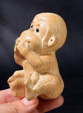 桃木猴四不猴生肖摆件 非礼勿视桃木猴木雕 桌面车载创意摆件