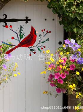 跨境户外花园铁艺艺术品 墙面装饰金属鸟挂件 红衣主教鸟圣诞挂饰