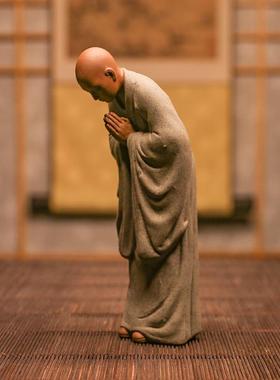 正品新中式室手工紫小砂小和尚茶宠摆件沙弥禅意茶道茶桌面载车装