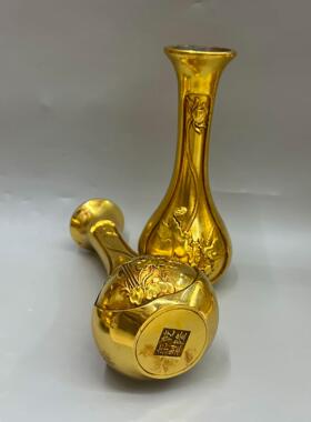 厂家 仿古做旧纯铜鎏金荷花花瓶铜工艺品摆件一对 文创老物件