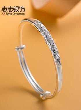 正品9银99轻纯手 镯花丝推拉伸缩款手镯女年实心妈妈送女友生日礼