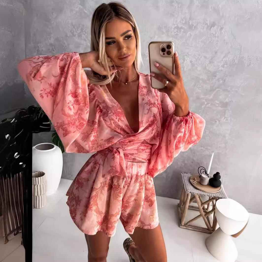 and Casual lantern suit long-sleeved V-neck two-piece top - 图0