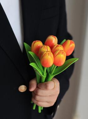 长叶柄纯木质郁金香仿真花居家装饰摆件插花荷兰纪念品可定制logo