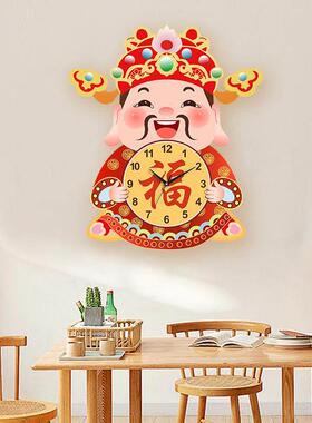 创意年财神爷挂钟客厅新中式家用钟表摇摆时钟喜庆静音乔迁挂墙钟