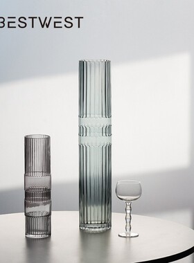 博西家居落地直筒竹节玻璃花瓶摆件ins家居客厅设计师软装饰品