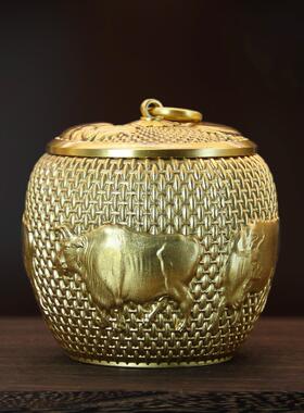 纯黄铜五牛茶叶罐铜本色铜器商务礼品茶道摆件