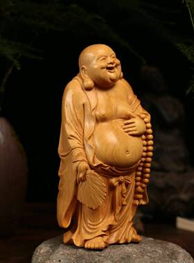 小叶黄杨木雕摆件居家佛像实木雕刻木质工艺把件送礼笑佛拿扇弥勒