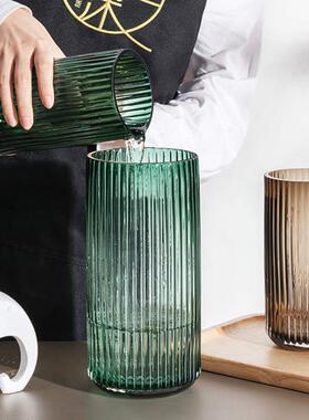 罗马柱简约竖条纹加厚玻璃花瓶插瓶身绿色灰色弧形底花器桌面摆件