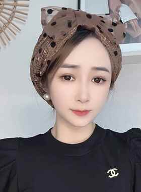 蝴蝶结网纱波点咖色黑色头