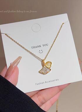 韩版超仙项链女个性时尚钛钢镀18K颈链猫眼石叶子吊坠气质锁骨链