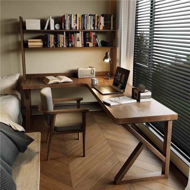 全实木双人转角书桌书架一体L型电脑桌卧室简易学习桌家用办公桌 - 图0