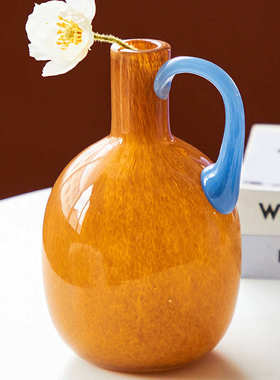 创意蓝色玻璃花瓶中古风小众插花花器单耳细口奶壶装饰摆件送礼