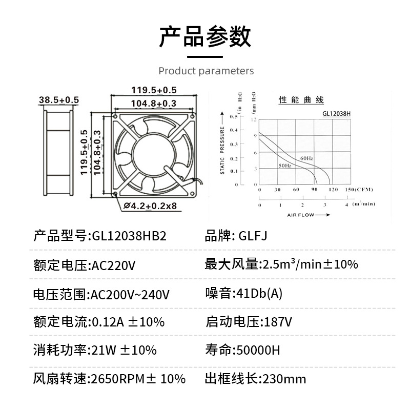 GL12038HB2大风量交流工业风扇PBT铝合金防潮阻燃加湿器散热风扇 - 图1