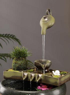 陶瓷招财自动循环水鱼缸流水生财摆件过滤增氧石槽微景观家用造景