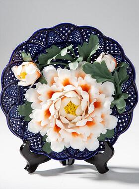 牡丹花德化陶瓷花盘艺术花卉挂盘工艺礼品纯手工装饰摆件创意客厅