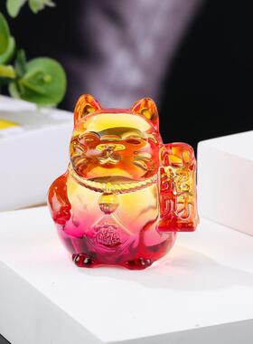 新品琉璃招财猫公仔开业柜台收银台摆设家居装饰黄水晶招财猫摆件