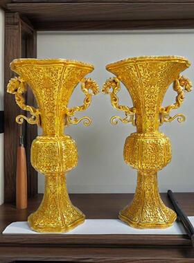 复古纯铜鎏金高浮雕錾刻花瓶摆件 黄铜工艺品 文创仿古做旧老物件