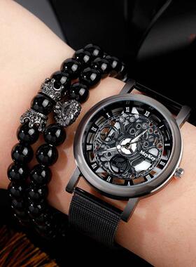 Men's watch set男士时尚商务钢带刻度表盘石英手表+皇冠串珠