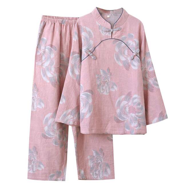 Four seasons thin women's pure cotton yarn-dyed double-layer gauze home clothes double-sided jacquard stand-up collar pipa button trousers long-sleeved style Chinese