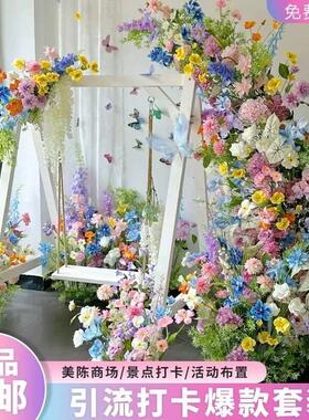 莫奈花园仿真玫瑰花墙田园风商场装饰高级感氛围布置绢布花艺防水