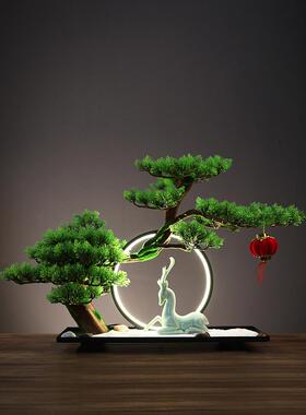 禅意模拟实木迎宾松木盆景绿色植物中式摆件入口摆件家居简约软装