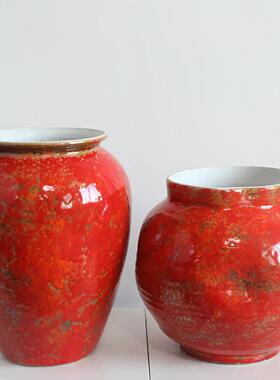 现代新中式石榴红色陶瓷花器禅意茶室玄关家居软装饰品窄口花瓶