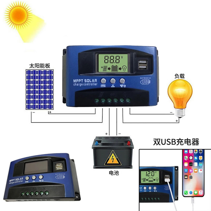 跨境热销MPP太V阳能2控制器10IBV0A12V/4V双USB5T LCD显示充电控 - 图2