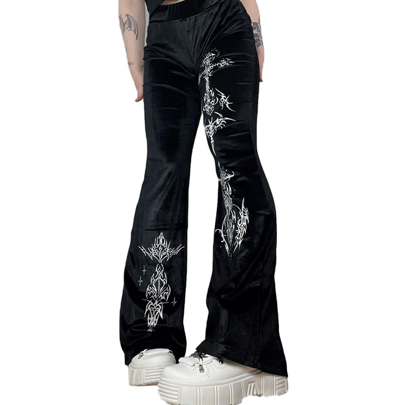 Trendy pants, fashionable velvet printed bell bottomed pants - 图3