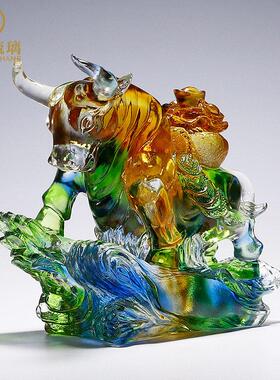 琉璃牛摆件客厅装饰品办公室酒柜家居高档聚宝盆大气公司开业礼物