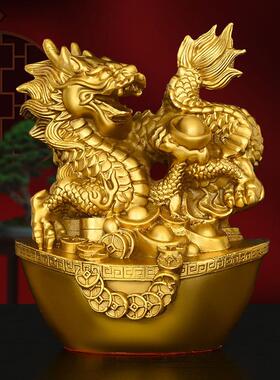 黄铜元宝金钱龙摆件黄铜祥龙青龙龙腾虎跃家居客厅玄关工艺装饰T