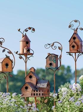 跨境 Birdhouse Garden Stakes金属艺术带杆 户外鸟屋花园支架