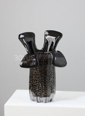 WAR简约创意间花装瓣口金箔黑色现手工琉璃花样板客厅软花艺摆件