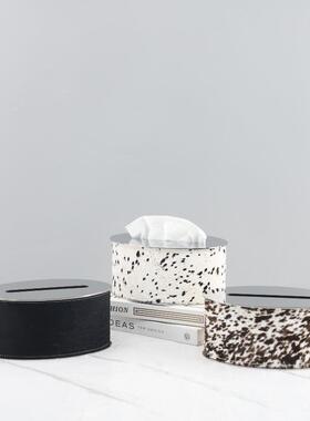 现皮代极简高端不家锈钢革马毛椭圆形纸2102饰巾盒装饰摆件餐厅居