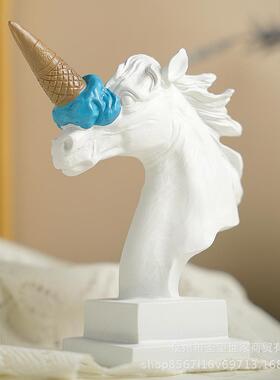 跨境欧式现代热品冰淇淋砸马头雕塑简约卧室客厅玄关桌面装饰摆件