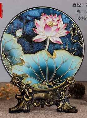 高档件新中式荷花禅意莲花家清廉古居客厅酒柜博架装饰品摆珐瑯彩