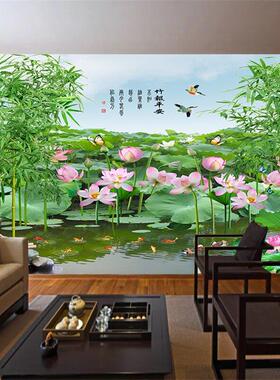 富水长流自粘墙贴画山水瀑布迎客松梅花荷花客厅电视背景墙可定制