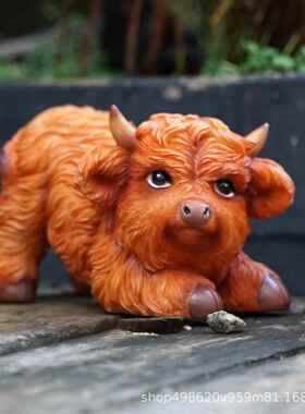 跨境高地牛高山牛花园庭院厨房花盆装饰小摆件一对树脂工艺品