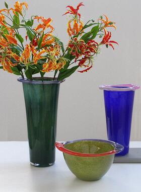 中古草绿色手工琉璃直筒花玄关餐桌创意客厅复古果盘新中式摆件
