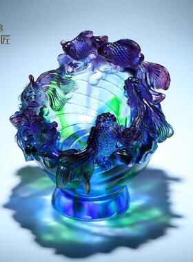 琉璃聚宝盆招财摆件 金鱼缸造型水晶工艺品 新中式桌面招财摆设