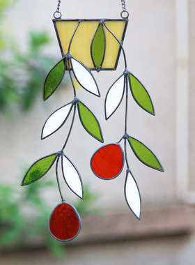 挂饰春天植物叶子吊饰彩色玻璃花盆叶子挂饰窗户玻璃艺术壁挂装饰