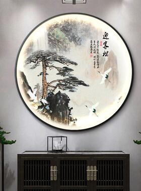 新式迎客松玄关中装饰画l带灯光山水ed灯发光客古风挂画中厅S2380