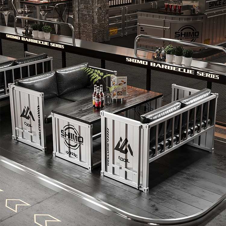 工业风奶茶店桌椅组合咖啡厅烧烤店创意洽谈酒吧清吧铁艺卡座沙发 - 图0